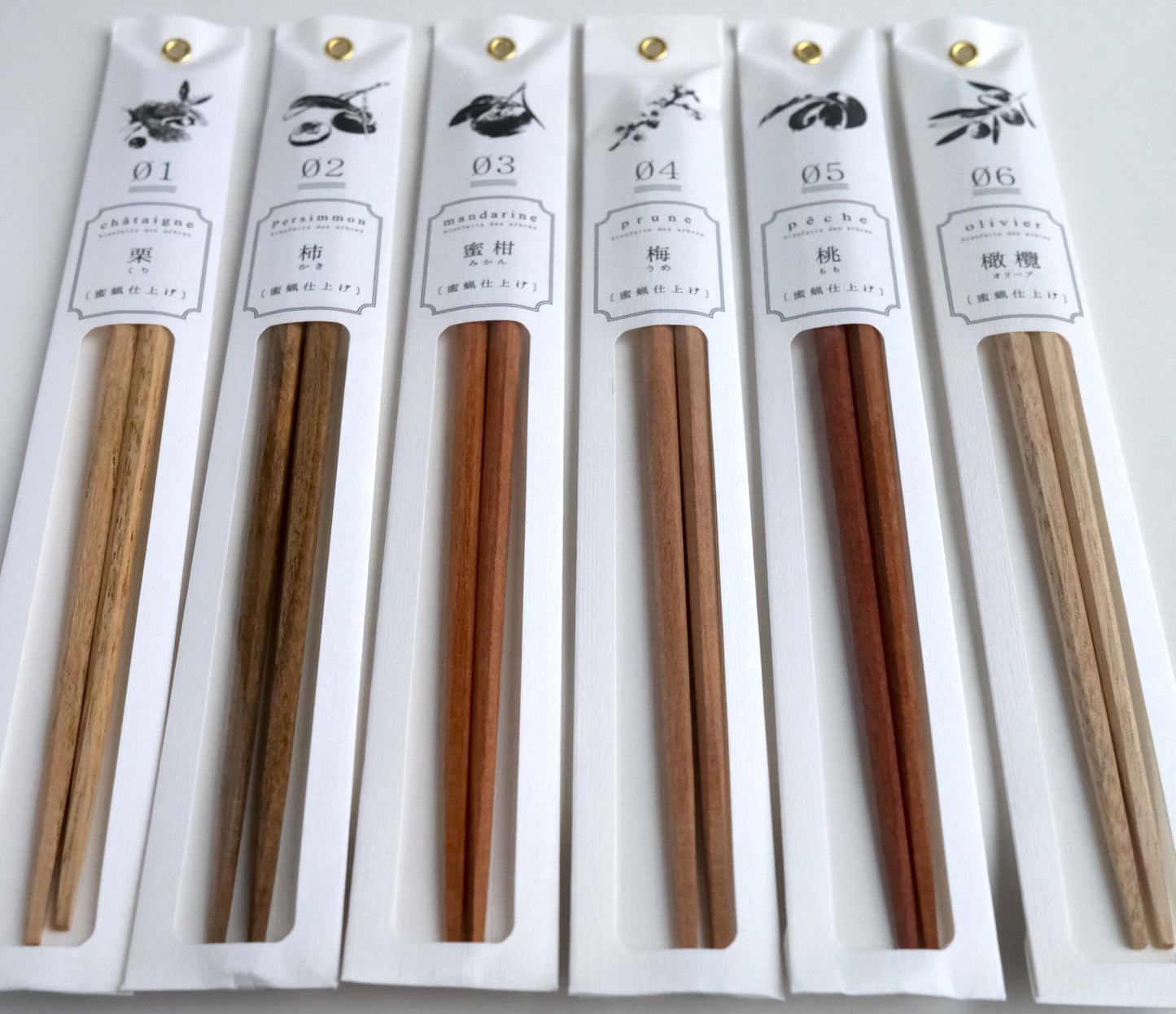 Fruit Tree Chopsticks including chestnut, persimmon, mandarin orange, plum, peach, and olive trees.